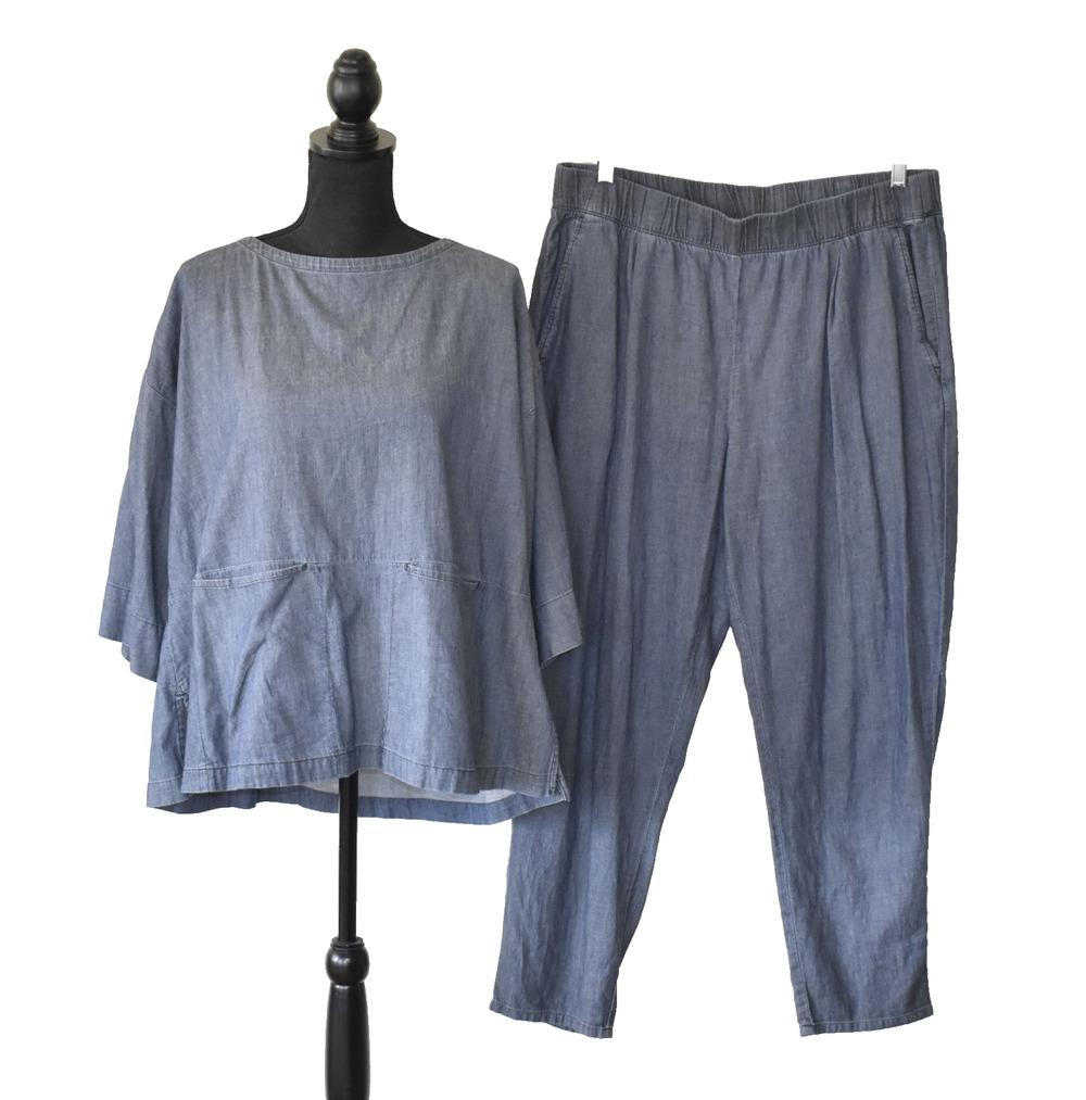 A7 Auth EILEEN FISHER Blue Organic Cotton Denim Blouse & Pants 2 Pc Set Size M